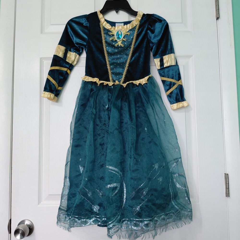 Disney Store Merida Brave Costume Dress Teal Gold Velvet Sequin Girls 5/6